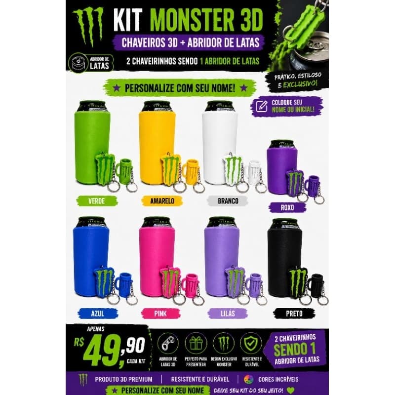 kit Porta Lata Monster 473 ml Personalizado com Nome + 2 Chaveiros