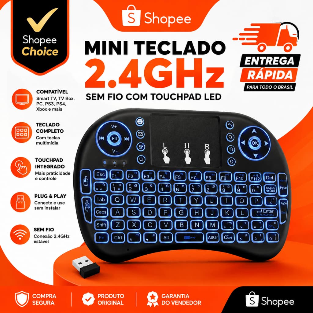 🏆 Mini Teclado Sem Fio 2.4GHz com Touchpad LED ABNT2 para Smart TV PC PS3 PS4 Xbox Recarregável