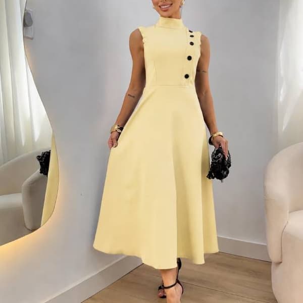 Vestido Midi Feminino Casual com Gola Alta e Botões Laterais – Clássico Chic Para Festa Evangélica *