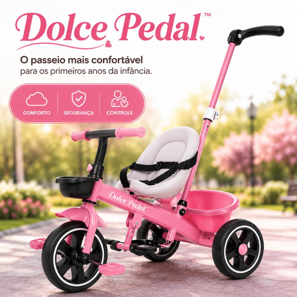 Triciclo Infantil Rosa com Empurrador Ajustável Cadeirinha Acolchoada Rodas Silenciosas Seguro Resistente