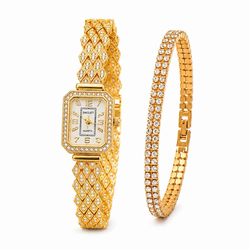 Kit Relógio Feminino Dourado Quadrado Quartzo e Pulseira de Strass Presente 2 Peças