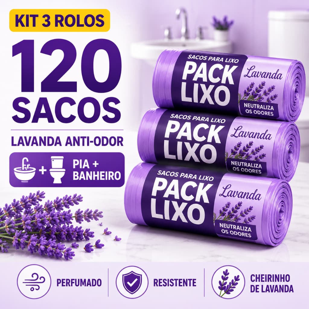 Kit 3 Rolos Saco Lixo Perfumado Lavanda 10L 120 Unidades Anti-Odor Pia Banheiro 34x40cm