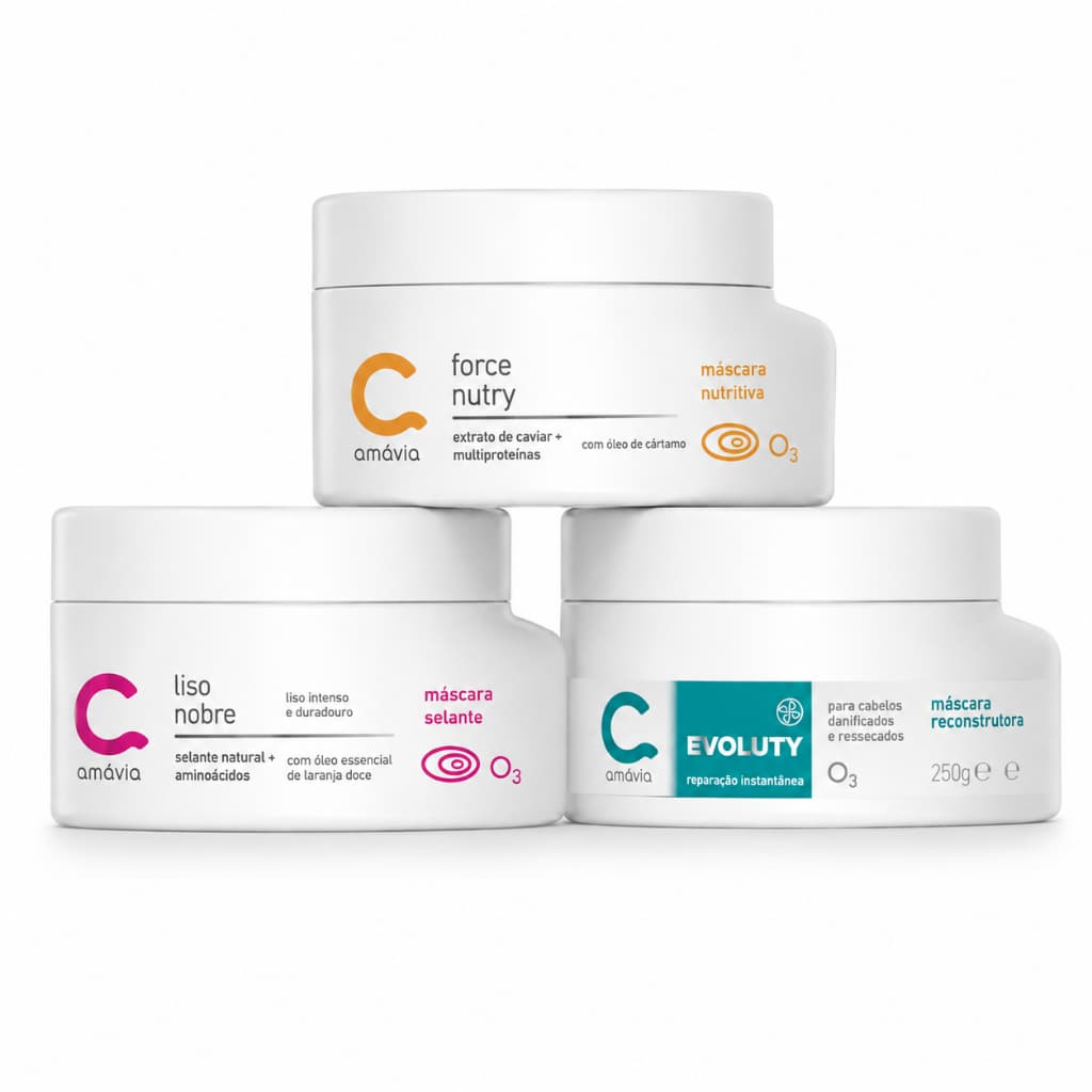 Amávia Kit Cronograma Capilar máscara Hidratante Liso nobre + Máscara Nutry Force + Máscara Reconstrutora Evoluty