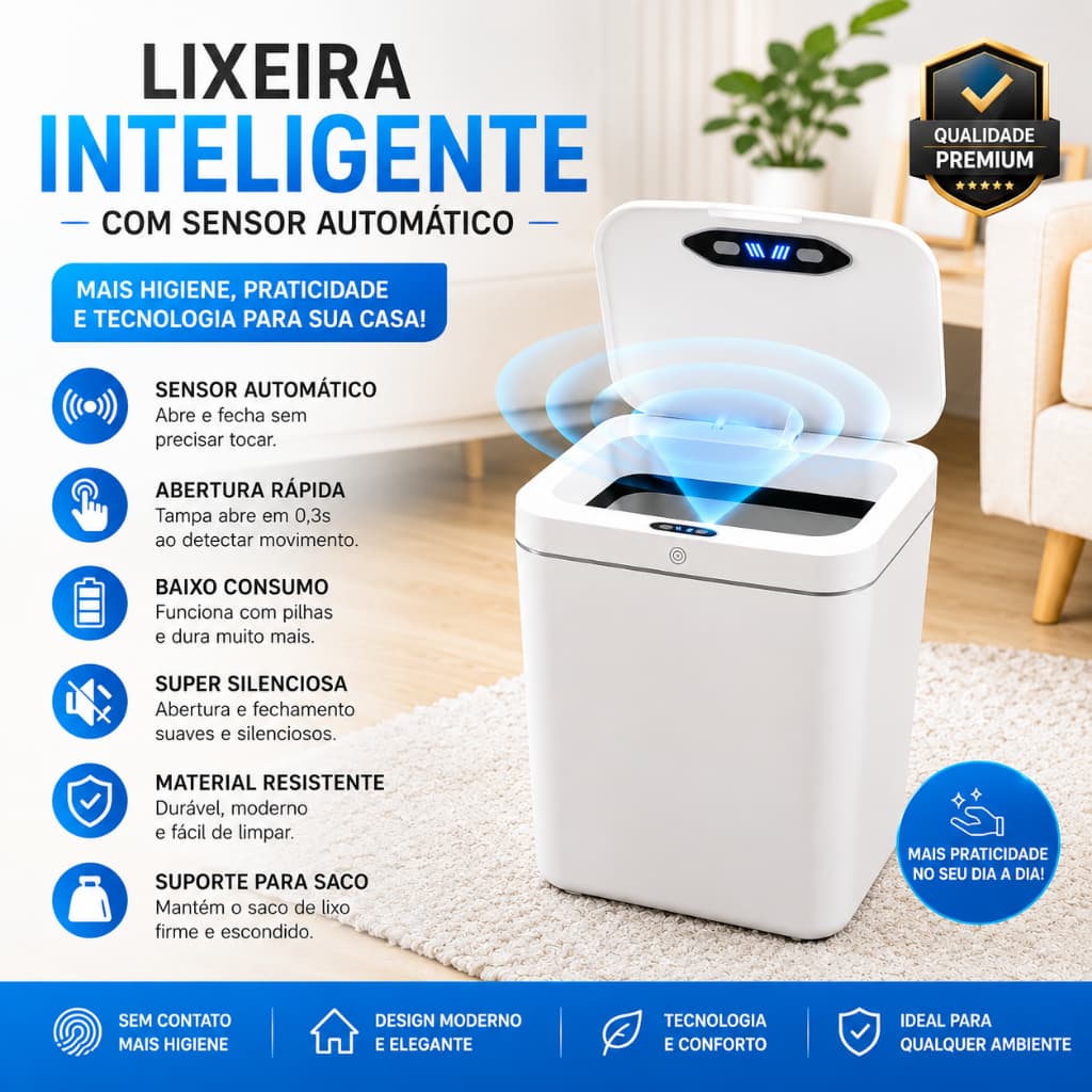 Lixeira Automatica com Sensor Inteligente Retangular 14 Litros Cozinha Banheiros Escritórios