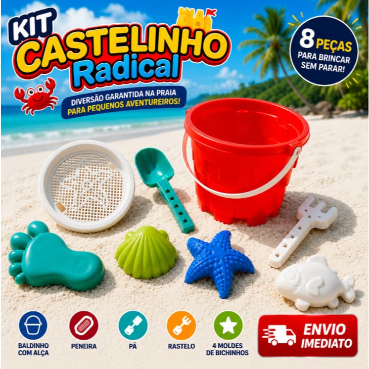 Kit Castelinho Brinquedo Areia Praia Parque Infantil 8 Peças Baldinho Pá Peneira Rastelo 4 Moldes