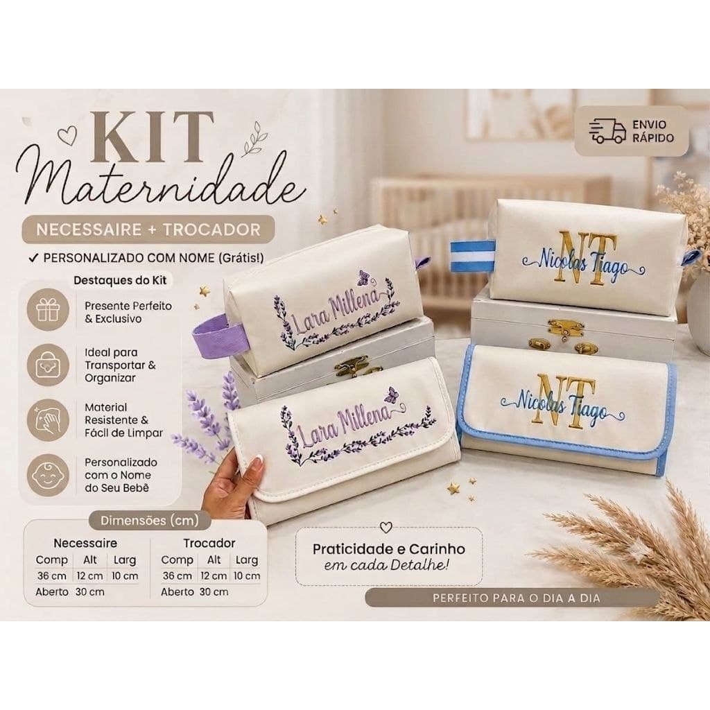 Kit Necessaire e Trocador Personalizado com Nome Bordado | Porta Fraldas Bebê | Enxoval Maternidade