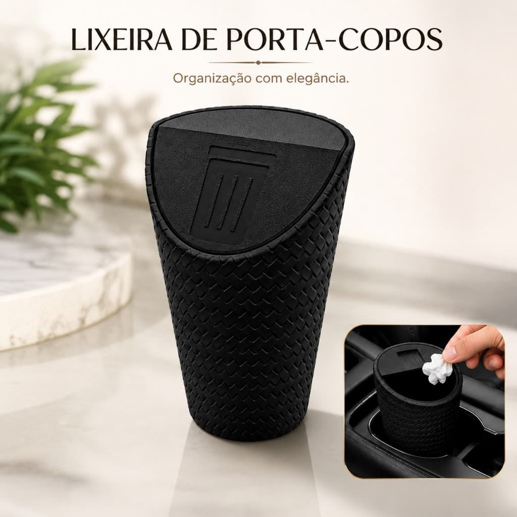 Lixeira Automotiva para Porta-Copos com Tampa Basculante – Organizador para Carro Premium Plus