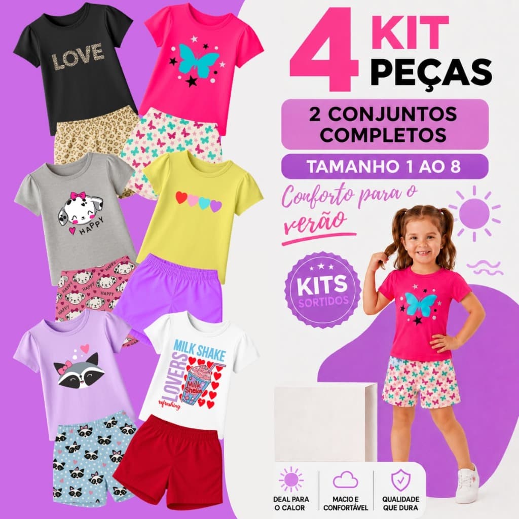 Kit Conjunto Moda Infantil Menina Verão 6 Peças 3 Conjuntos Dia a Dia