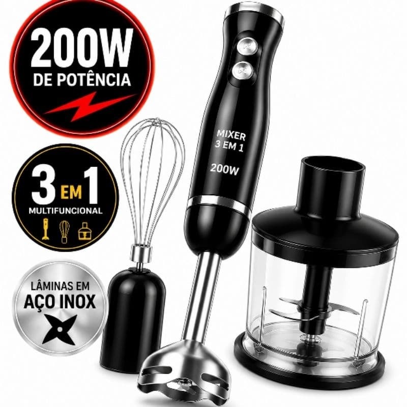 Mixer 3 em 1 220V 200W Triturador Processador Batedor Elétrico Multifuncional Aço Inox