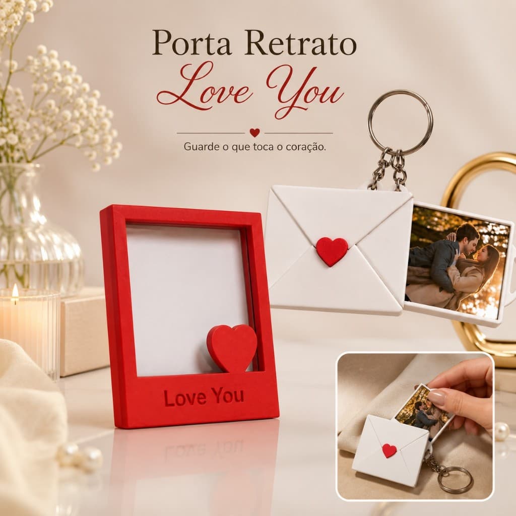 Moldura Polaroid Love You + Chaveiro Carta de Amor com Foto 3D | Presente Dia dos Namorados Casal
