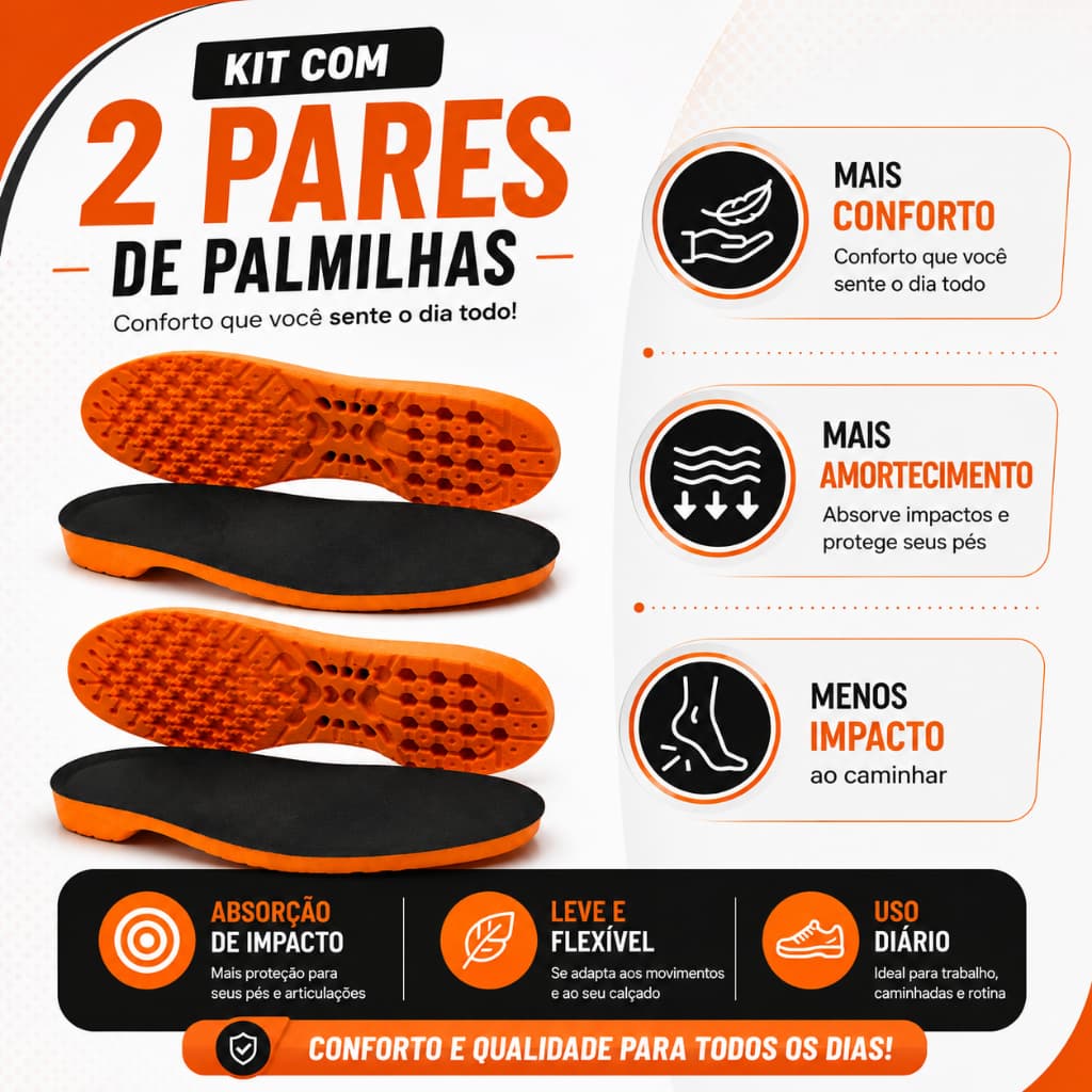 Palmilha Ortopédica em Gel PU Anatômica – Amortecimento, Conforto e Absorção de Impacto para Uso Diário