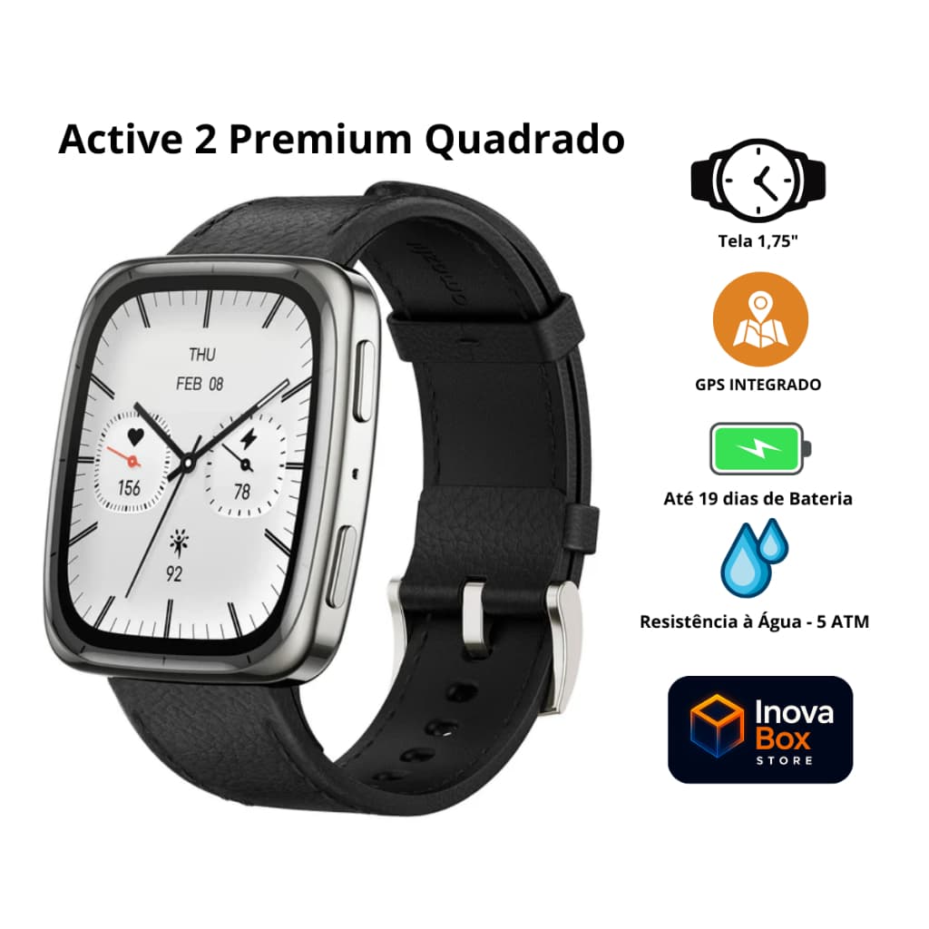 Smartwatch Amazfit Active 2 Premium Tela Quadrada AMOLED GPS Bluetooth Chamada 5ATM Couro Safira
