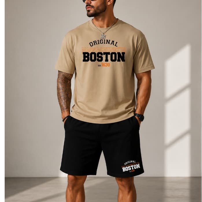 Kit 2 Peças Camiseta + Short Boston Atemporais Cores Neutras do P ao GG T-shirt com Short Moletinho Boston Várias Cores