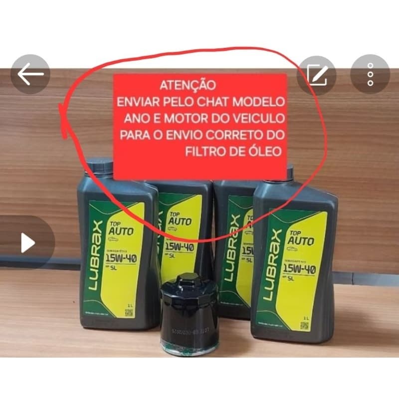 Kit Troca de Óleo 4L 15W40 SL Semissintético Lubrax + Filtro de Óleo KIT UNIVERSAL NÂO ESQUEÇA INFORMAR MODELO MOTOR ANO