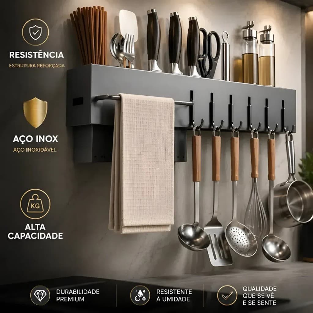 Suporte Organizador Utensilios Cozinha Pendurar 6 Ganchos Resistente Cinza