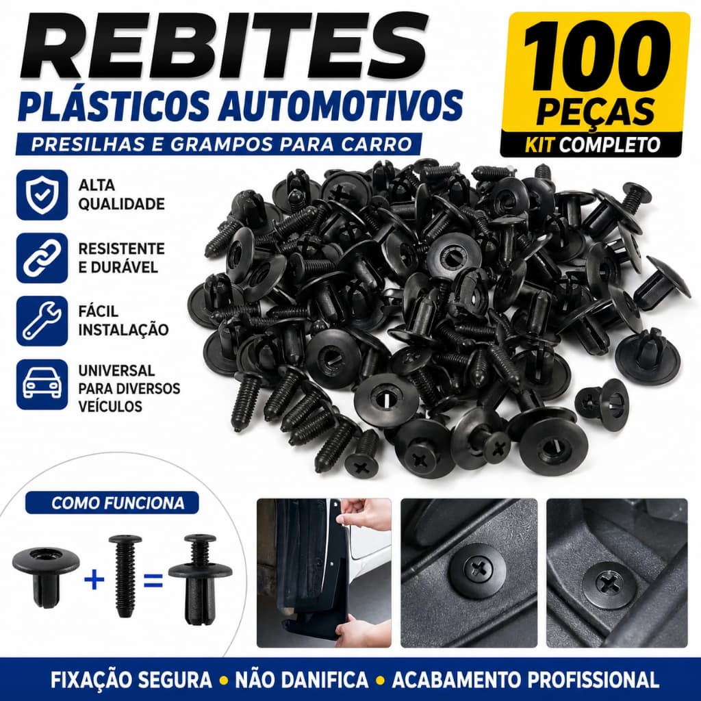 KIT 100 GRAMPOS PRESILHAS REBITES PLÁSTICO UNIVERSAL 8MM | FIXADORES DE PRESSÃO PARA PAINÉIS, PARA-CHOQUES E ACABAMENTOS