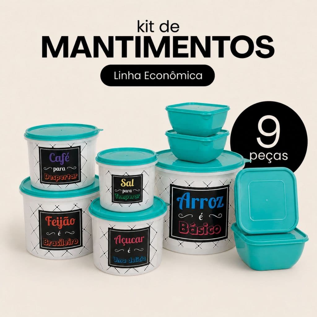 Kit 9 Potes Herméticos 5 Mantimentos LINHA ECONÔMICA + 4 Marmitas Quadradas 500ml Cozinha Organizada