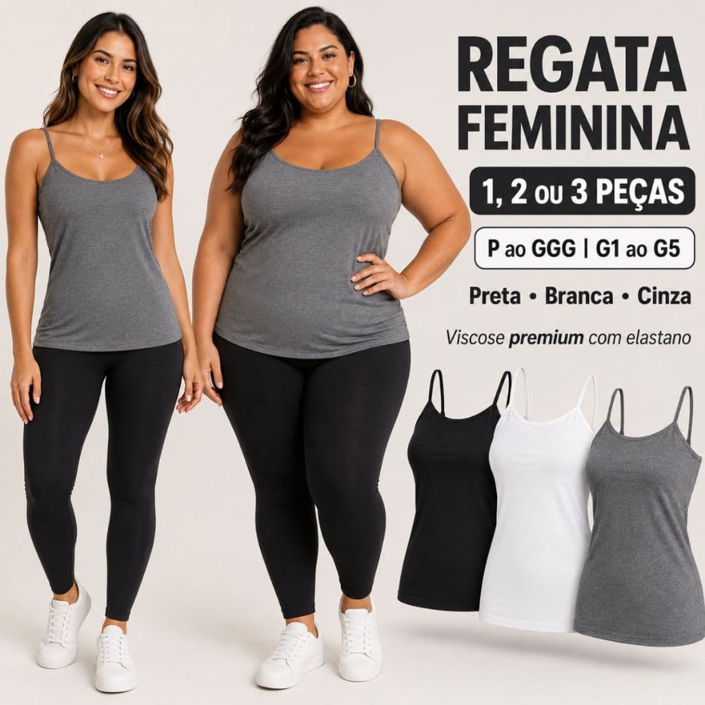Regata Feminina Alcinha Viscose Premium com Elastano P ao G5 Plus Size 1 Unidade Kit 2 ou Kit 3