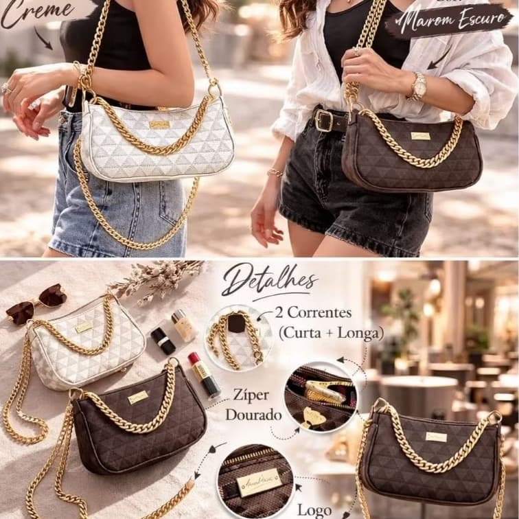 Bolsa feminina blogueira com alças duplas tamanho perfeito e cabe o celular