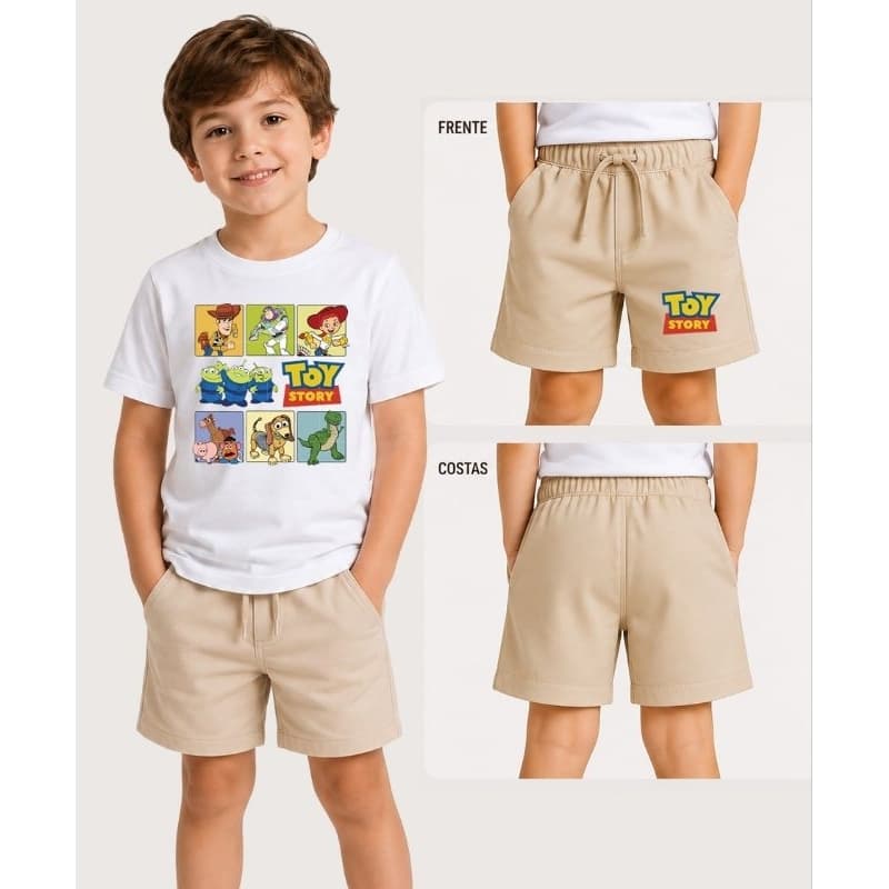 Conjunto Infantil Camiseta Básica Algodão e Short Moletinho Conjunto Menino Toy Story Bermuda e Camisa Infantil Desenho