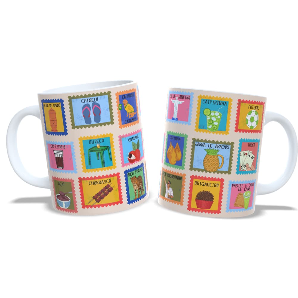 Caneca Cerâmica Selos Brasileiros | 325ml | Buteco, cachorro caramelo, caipirinha, futebol, café
