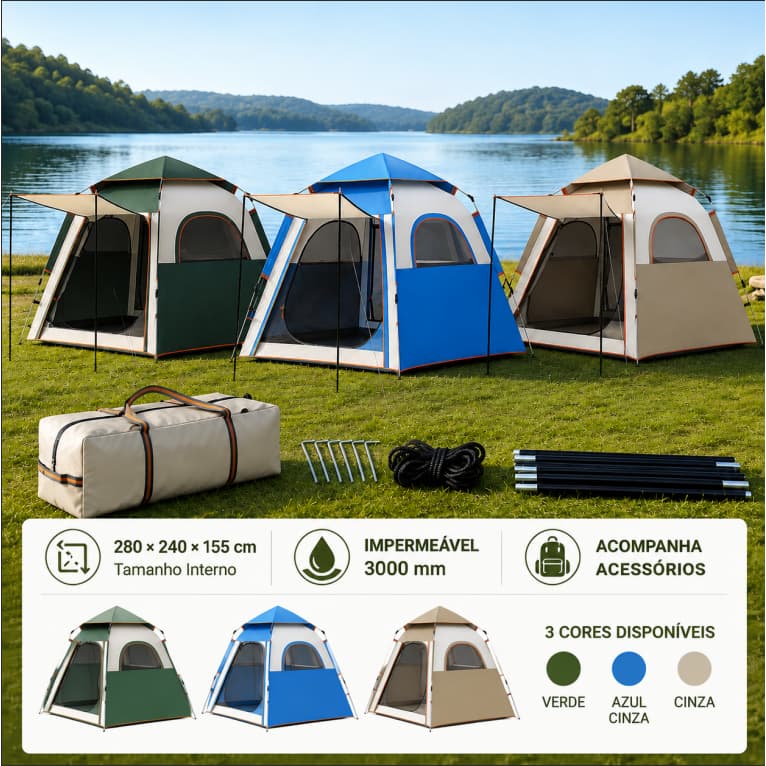 Barraca Camping Automática 6 Pessoas Oxford 210D Impermeável 3000mm Mosquiteiro B3 com Toldo