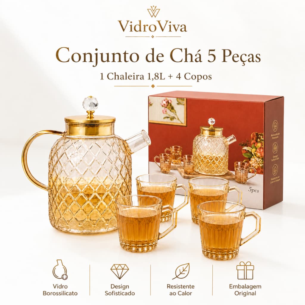 VidroViva Conjunto de Chá Vidro Âmbar 5 Peças | Chaleira 1,8L + 4 Copos 200ml para Café, Chá e Mesa Elegante