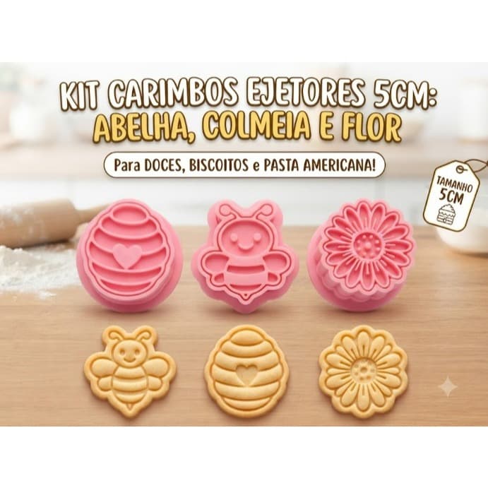 Kit 3 Carimbos Ejetores 5cm Abelha Colmeia Flor - Moldes para Doces, Brigadeiro, Biscoito, Pasta Americana e Confeitaria