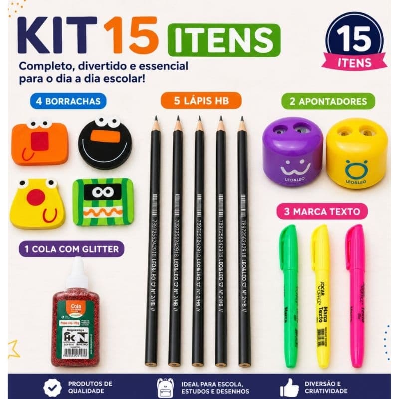 Kit Escolar 15 Itens Divertido 5Lápis HB 3Marca Texto 1Cola Glitter 4Borrachas 2Apontador Completo