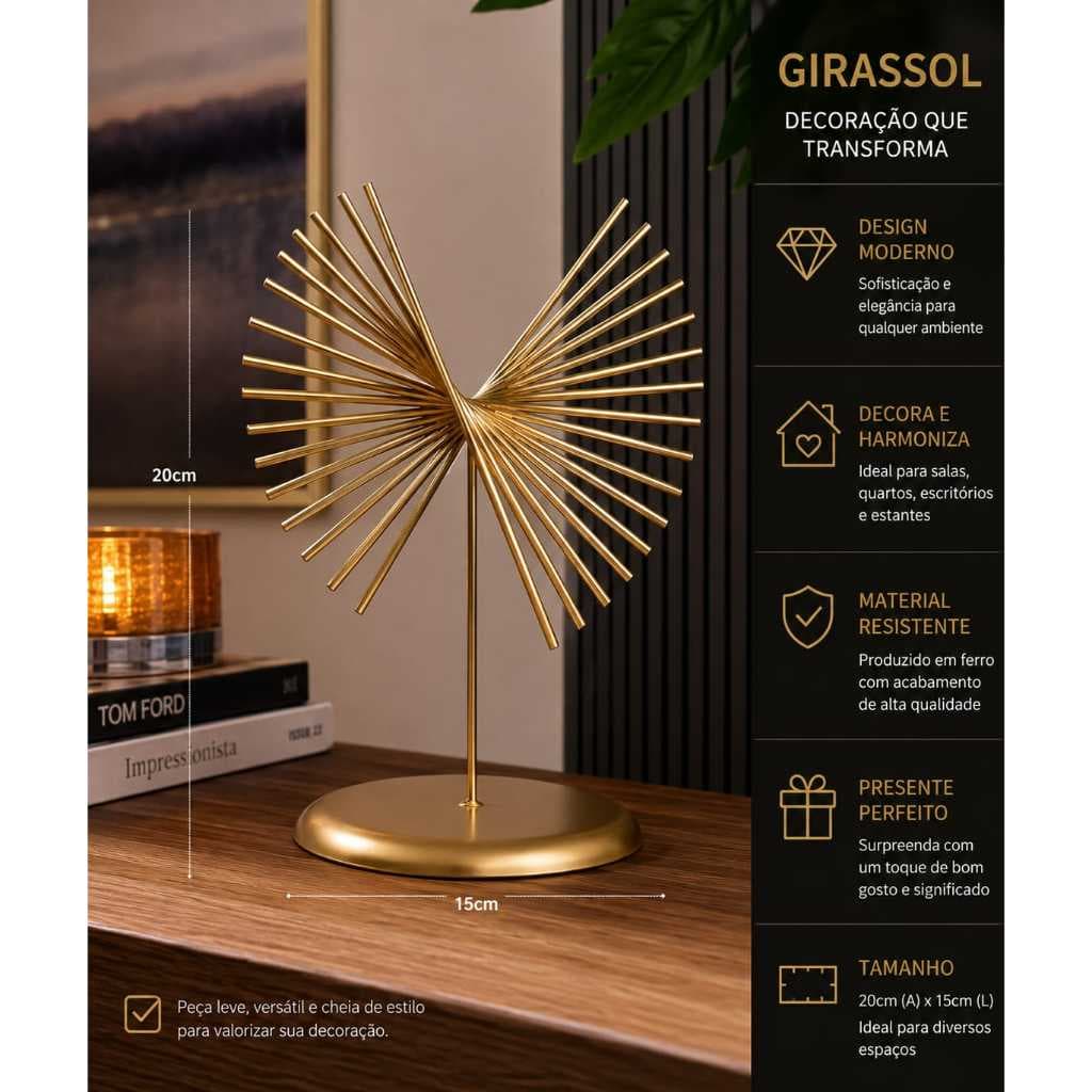 Escultura Decorativa Girassol em Ferro Dourado 20cm - Objeto de Decoração Moderna para Sala, Quarto, Escritório e Mesa