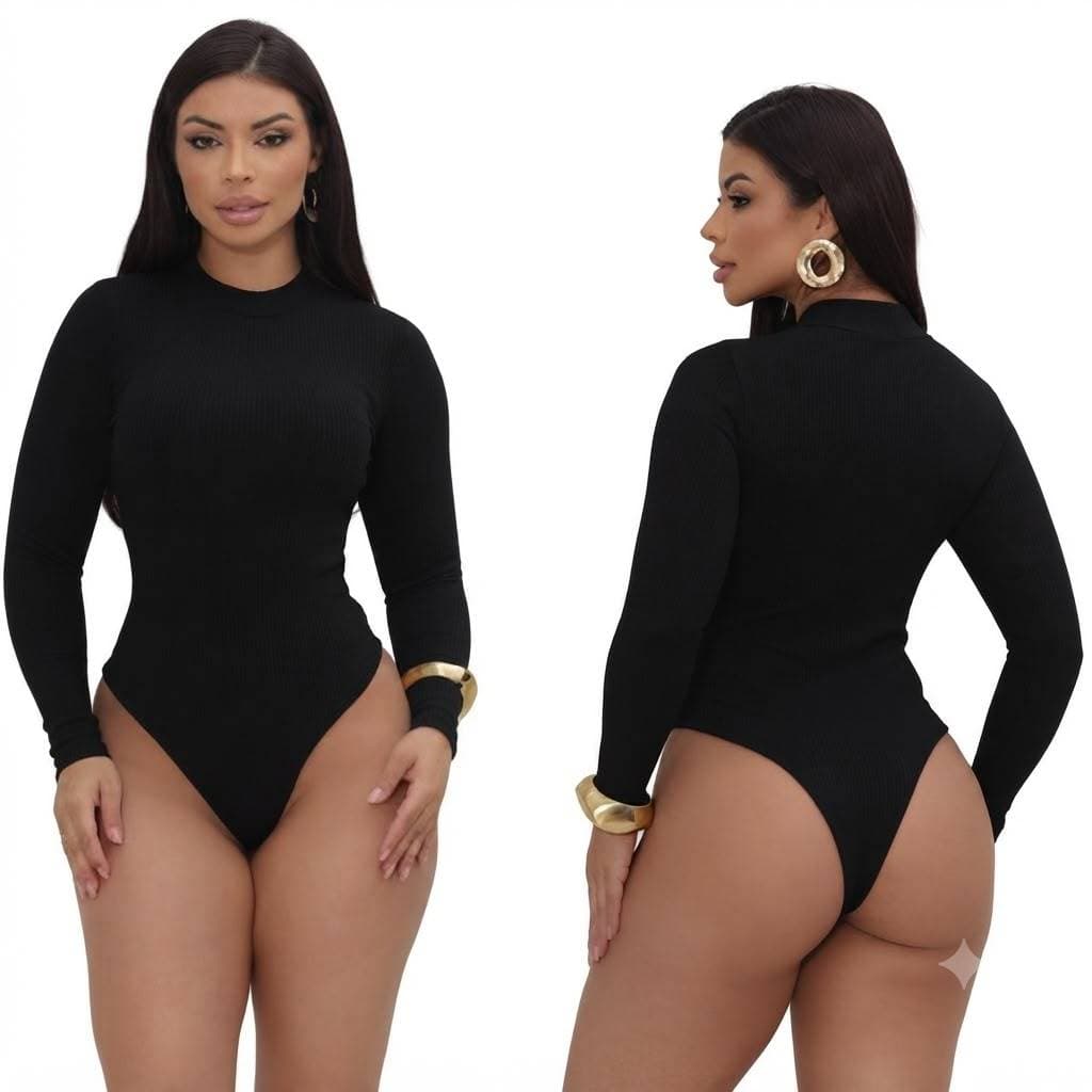 Body Feminino Manga Longa Gola Alta Ana Ruga Canelado Blusa Segunda Pele Frio Inverno Modela Corpo
