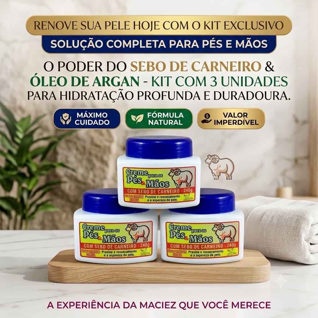 Kit com 3 Cremes Sebo de Carneiro 240g para Pés e Mãos Hidratante Anti Ressecamento creme