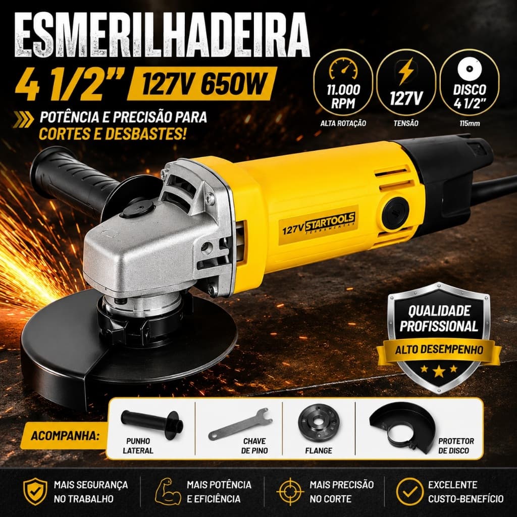 Esmerilhadeira Angular 4 1/2 650W 127V Profissional Corte Desbaste Metal Ferro 11000RPM