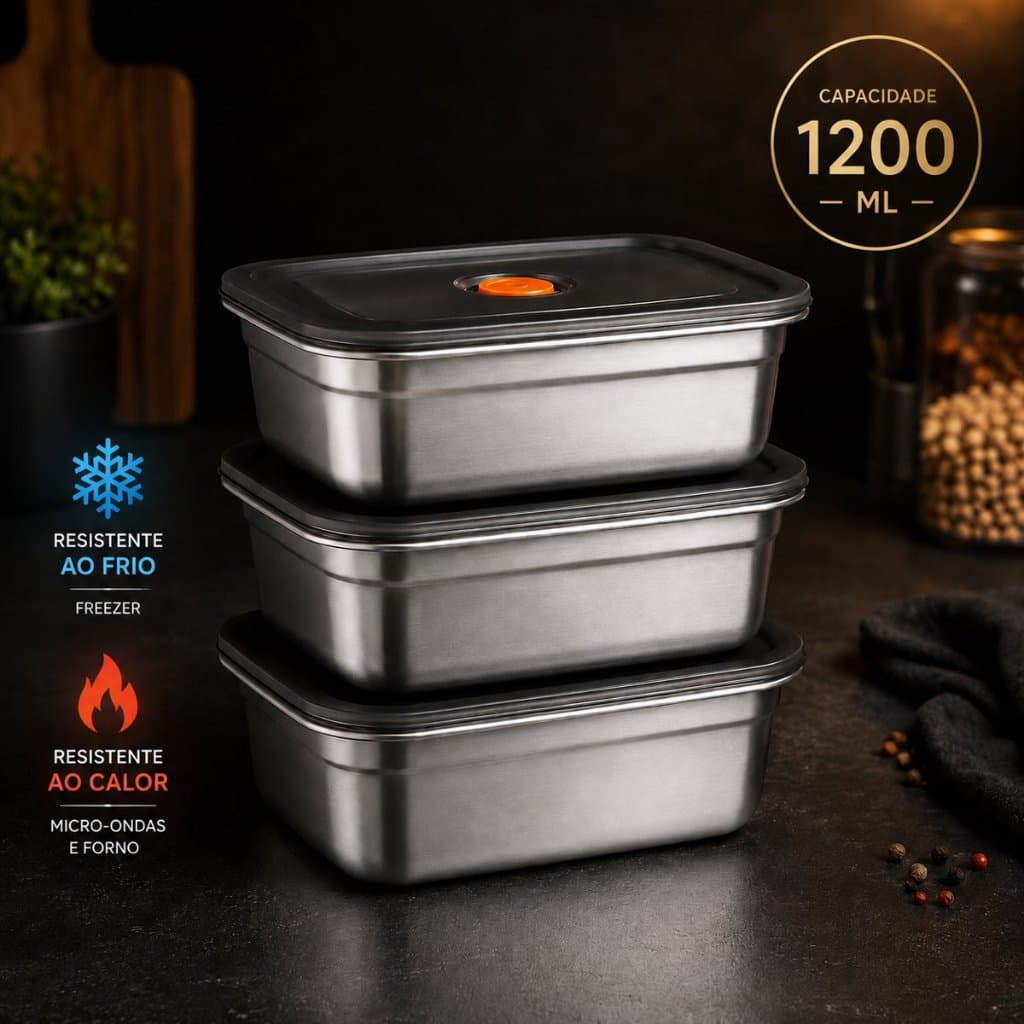 Kit 3 Potes Inox com Tampa hermética 1,2L Grande Vasilha Marmita Multiuso Freezer Alimentos Cozinha Organização Fitness