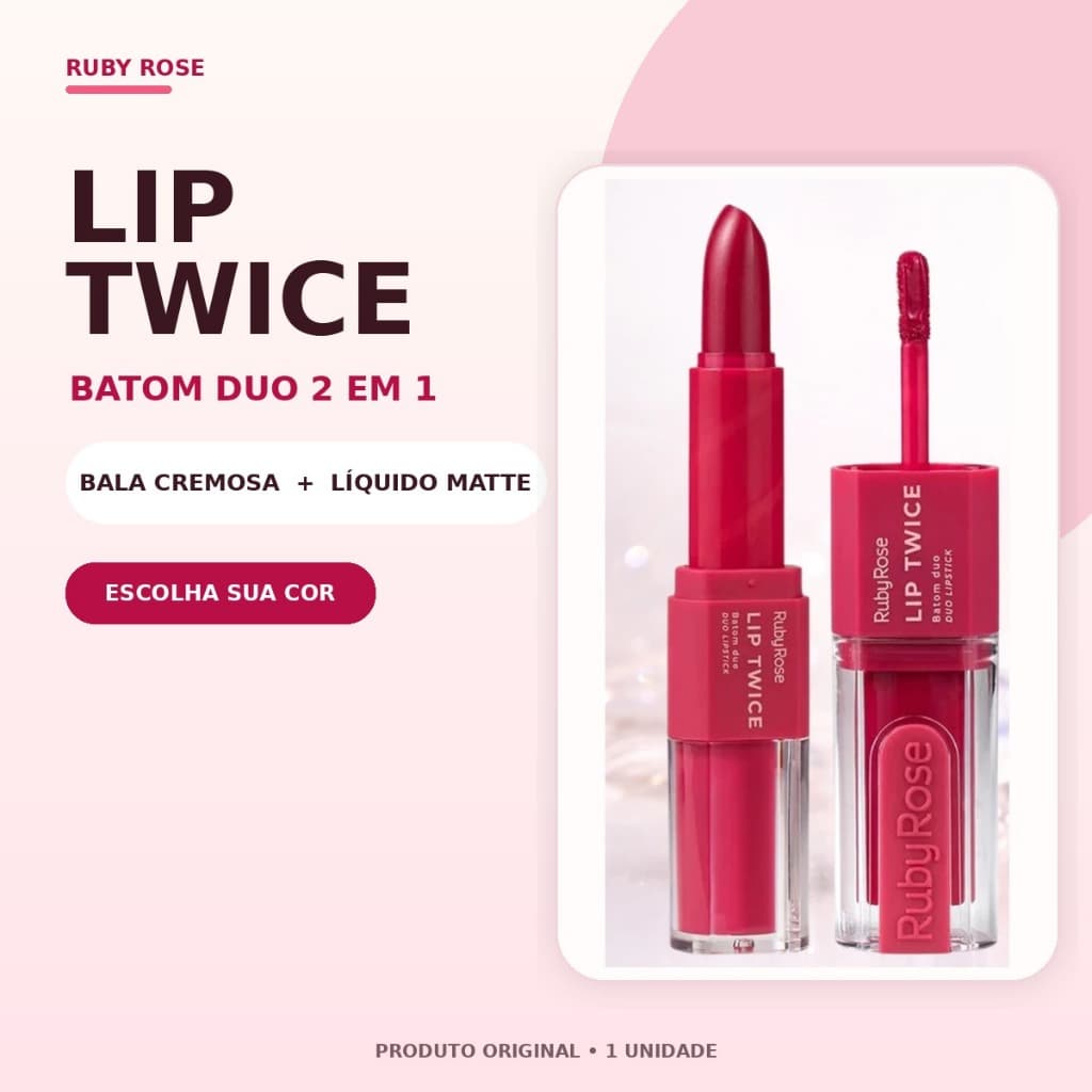 Batom Duo 2 em 1 Ruby Rose Lip Twice Líquido Matte Bala Cremosa Cores Intensas Alta Pigmentação