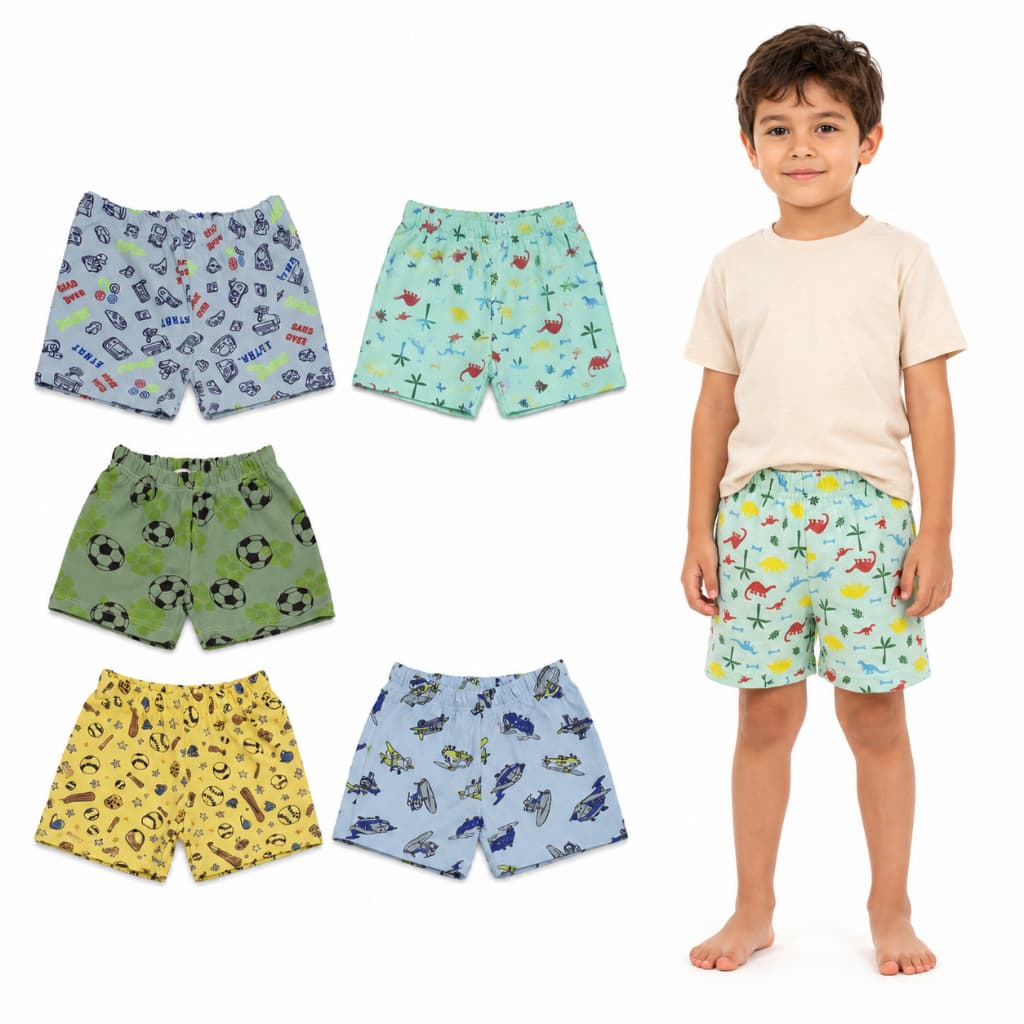Kit 05 Shorts Masculino Avulso De Pijama Infantil Menino 02 ao 16 100% algodão Confortável Fresco