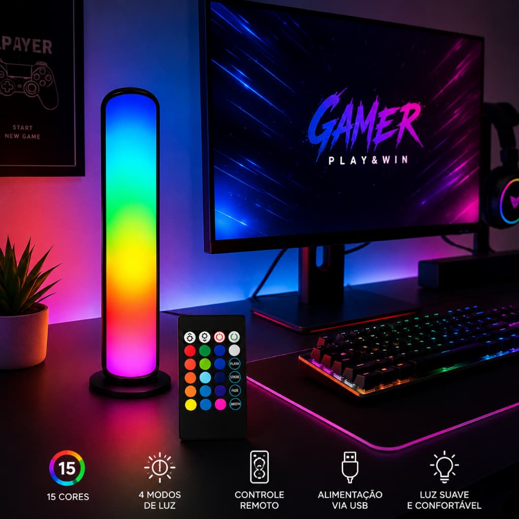 Luminária Abajur de Mesa Led RGB 26cm Com Controle 15 Cores Cabo USB