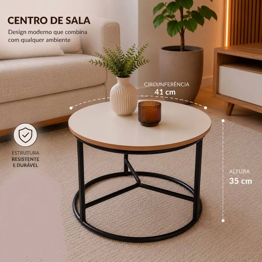 Mesa de Centro Redonda Moderna 45cm – Base Metálica Industrial