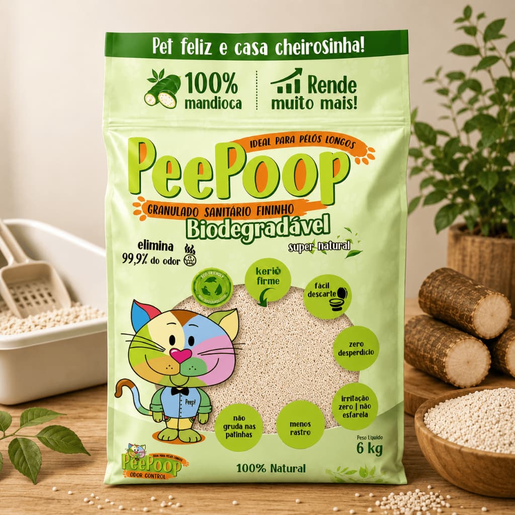 Areia Higiênica de Mandioca Até 6Kg Biodegradável, Grãos Finos PeePoop Pra Gato e Caixa de Areia