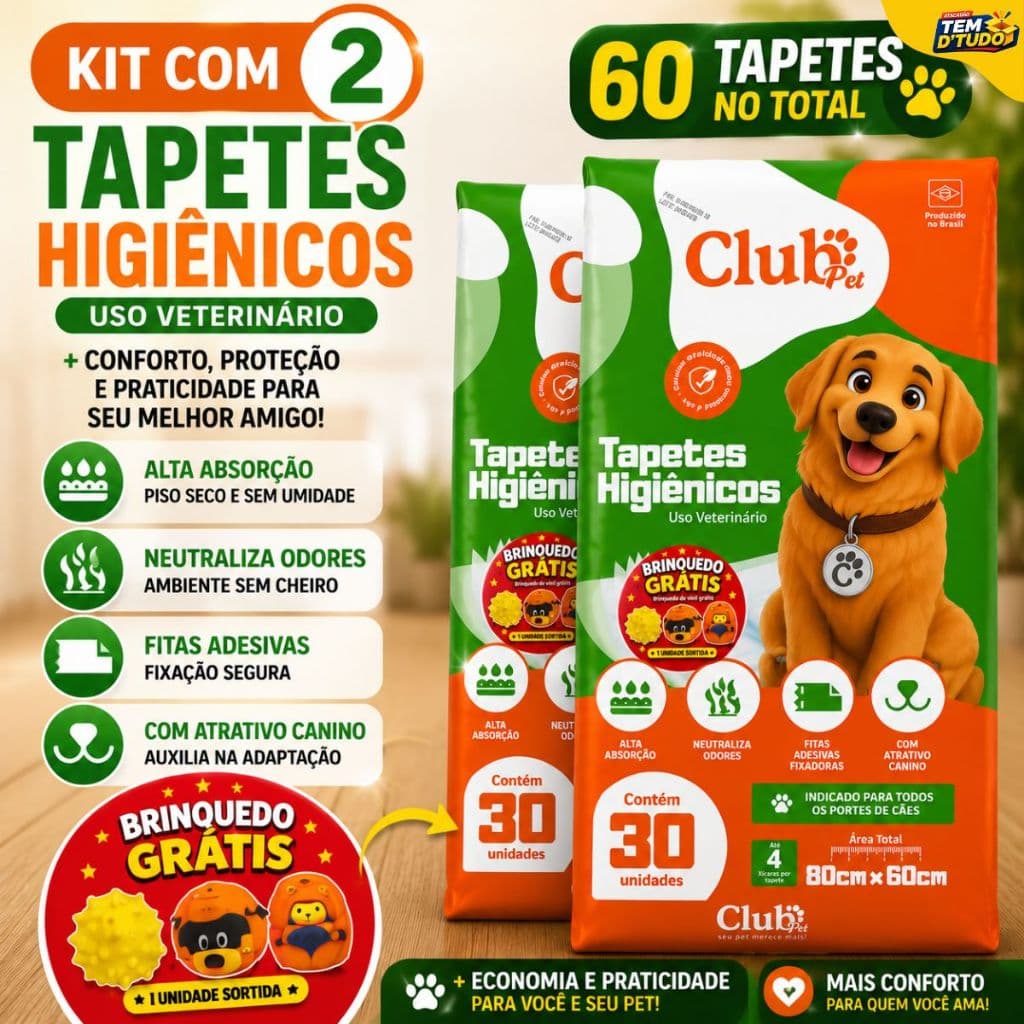 Kit 2 Tapete Higiênico Club Pet 80x60 C/30 Unidades Super Absorvente Chão Super Secão Econômico