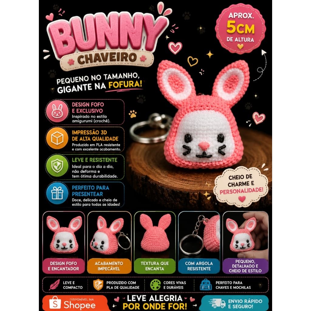 Chaveiro Bunny Amigurumi Rosa | Impressão 3D em PLA | Fofo para Mochilas, Bolsas e Chaves