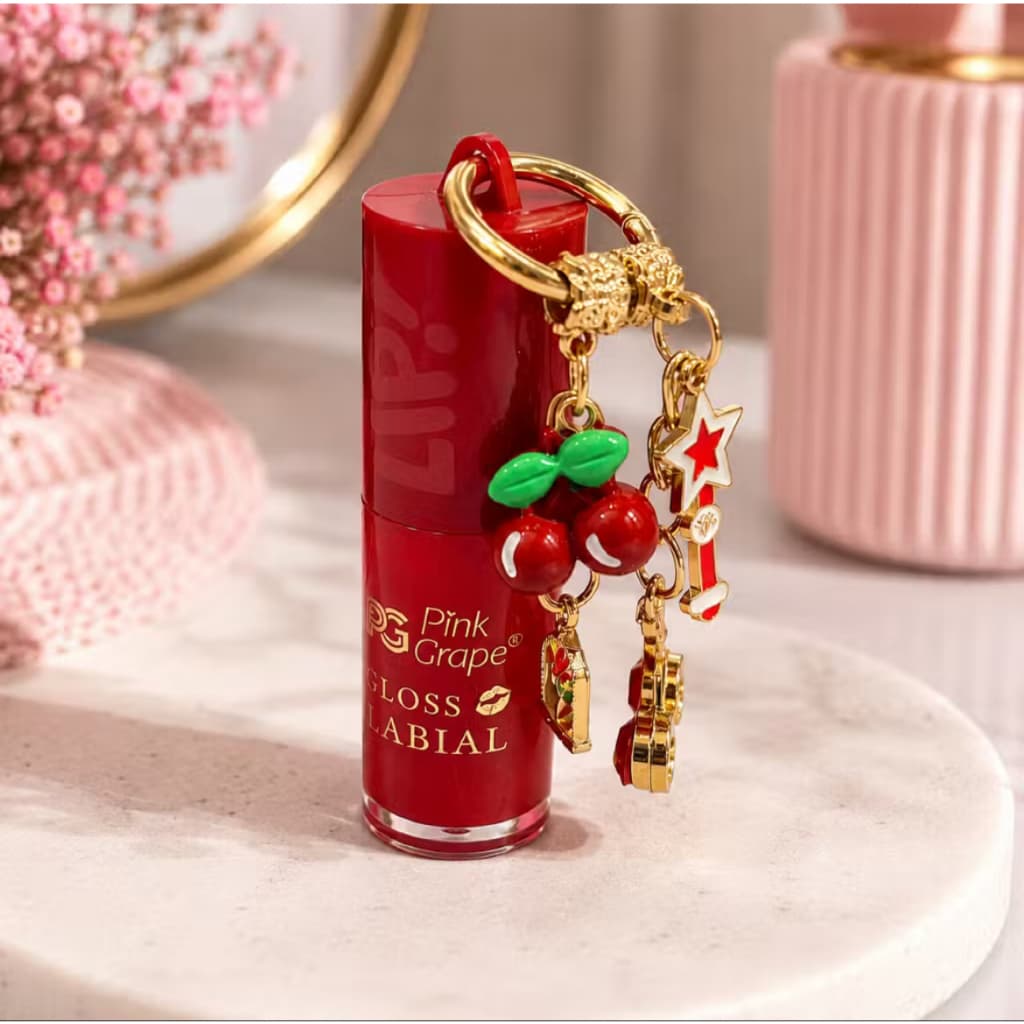 Cherry Lips Gloss Labial com Chaveiro | Efeito Vinílico, Brilho Espelhado, Hidratante e Longa Duração