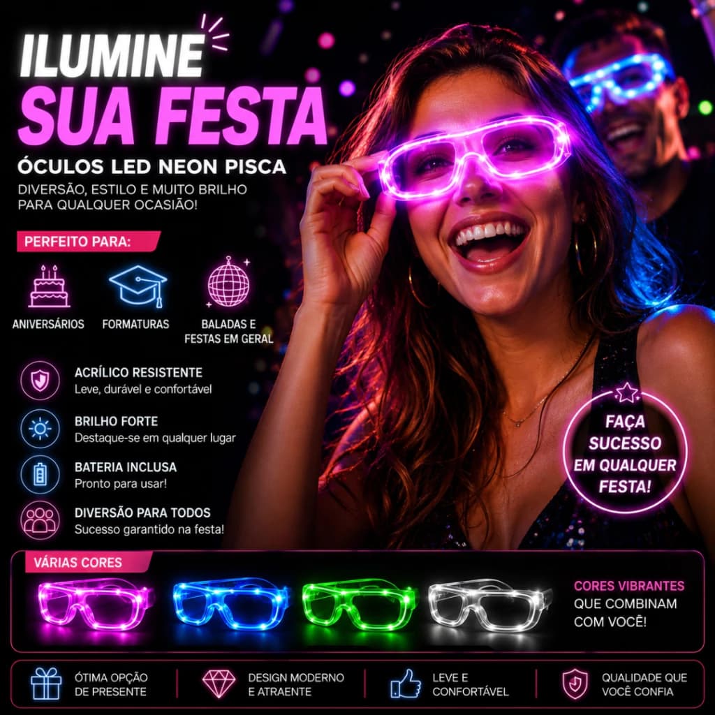 KIT Oculos de Led Neon Festas Balada Casamentos Rave