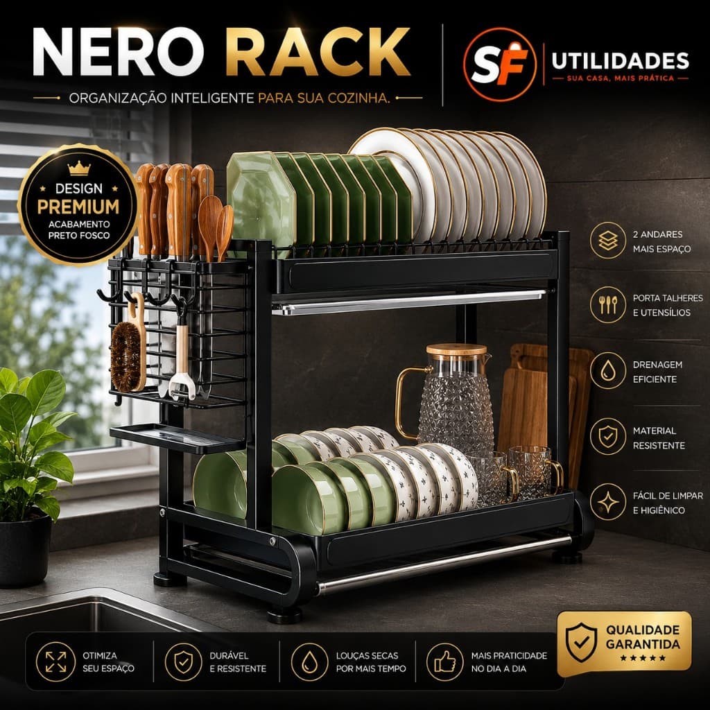 Escorredor de Louças 2 Andares Multifuncional Organizador de Pia Bancada Porta Talheres Preto Fosco Nero Rack