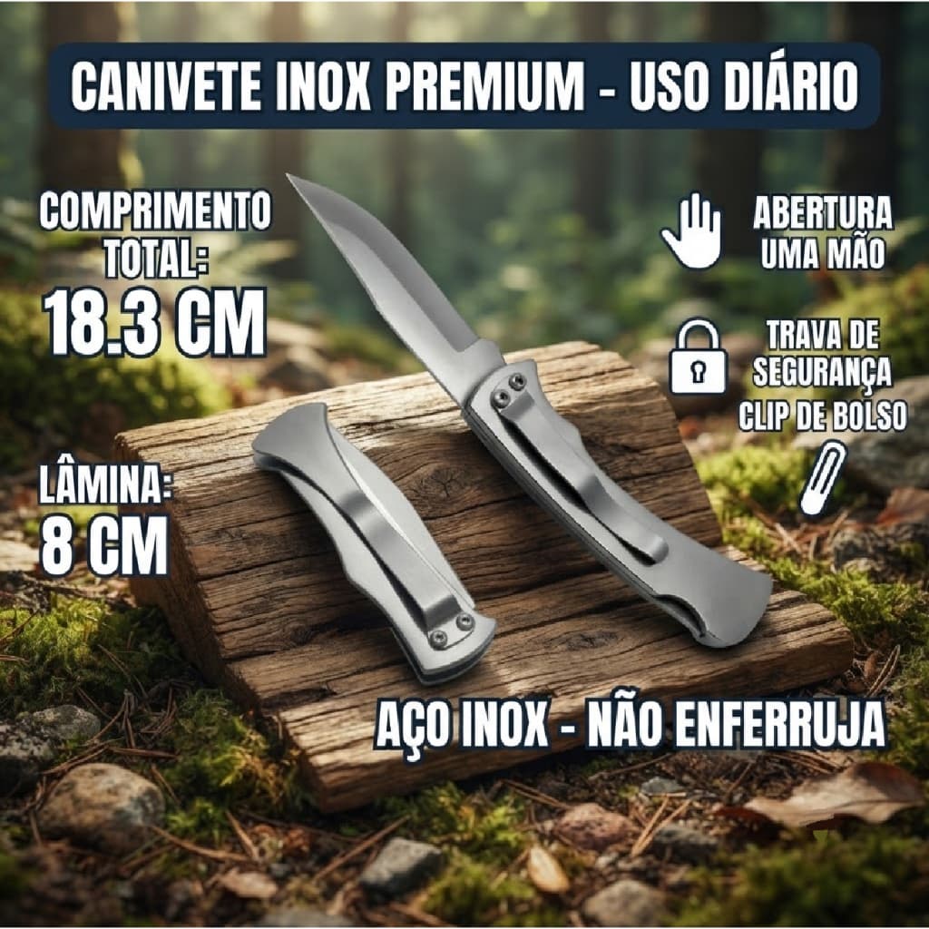 Canivete Inox Cromado Trava Resistente Compacto Dobrável Segurança Clip Bolso Não Enferruja Uma Mão