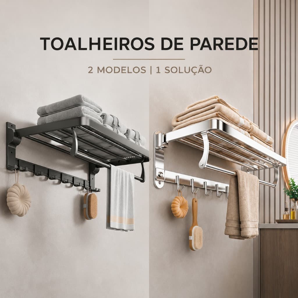 Toalheiro de Parede 60cm com Prateleira 5 Ganchos Aço Inoxidável Porta Toalhas Banheiro