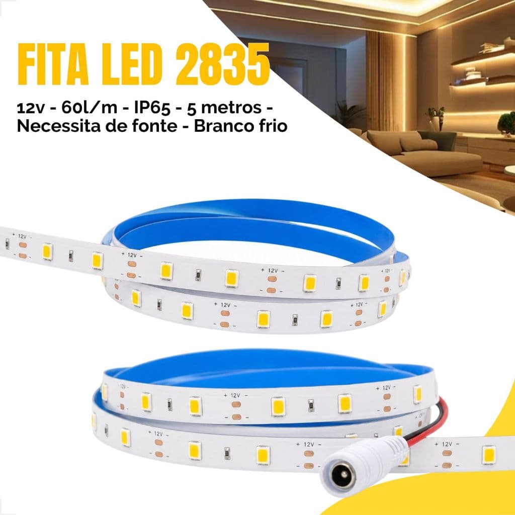 Fita Led 2835 60 LEDs 12V Branco Frio 6500K IP65 Escritorio Festa Decoração Alta Proteção