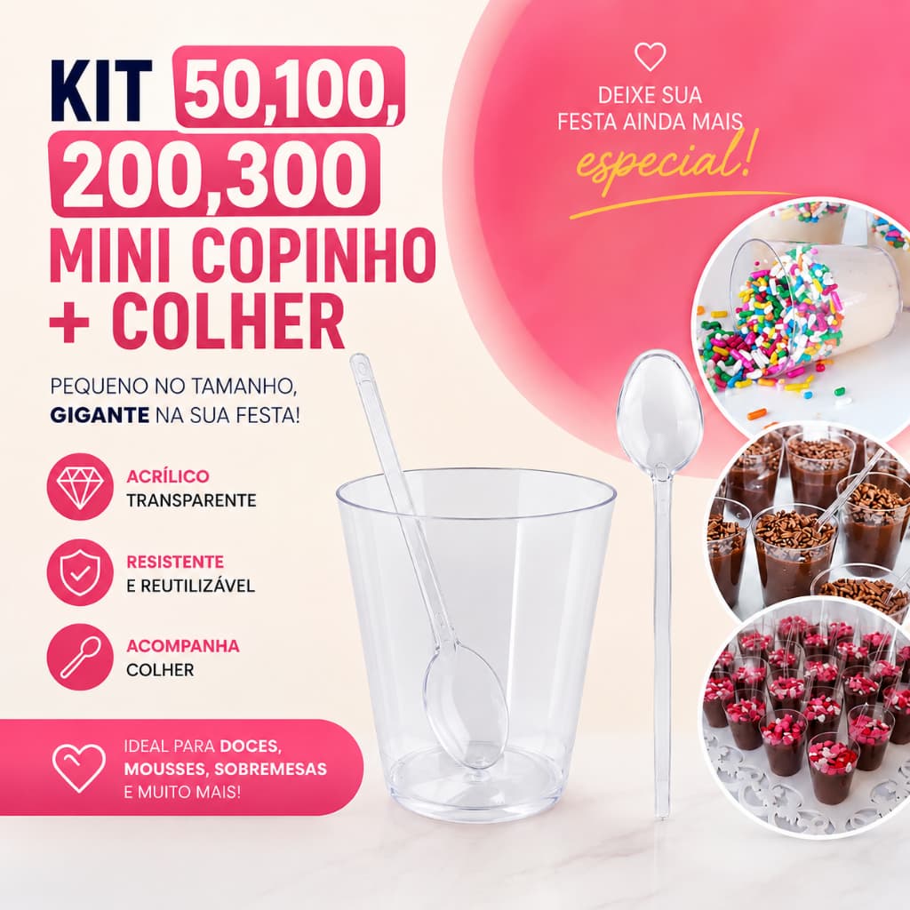 Kit 50/100/200/300 Copinho 25ml Com Colher Acrílico Brigadeiro Doce Mouse Eventos Festa Aniversário