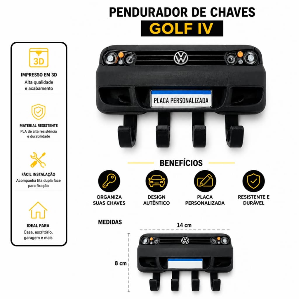 Porta Chaves Golf IV Volkswagen com Placa Personalizada | Suporte para 4 Chaves Decorativo 3D