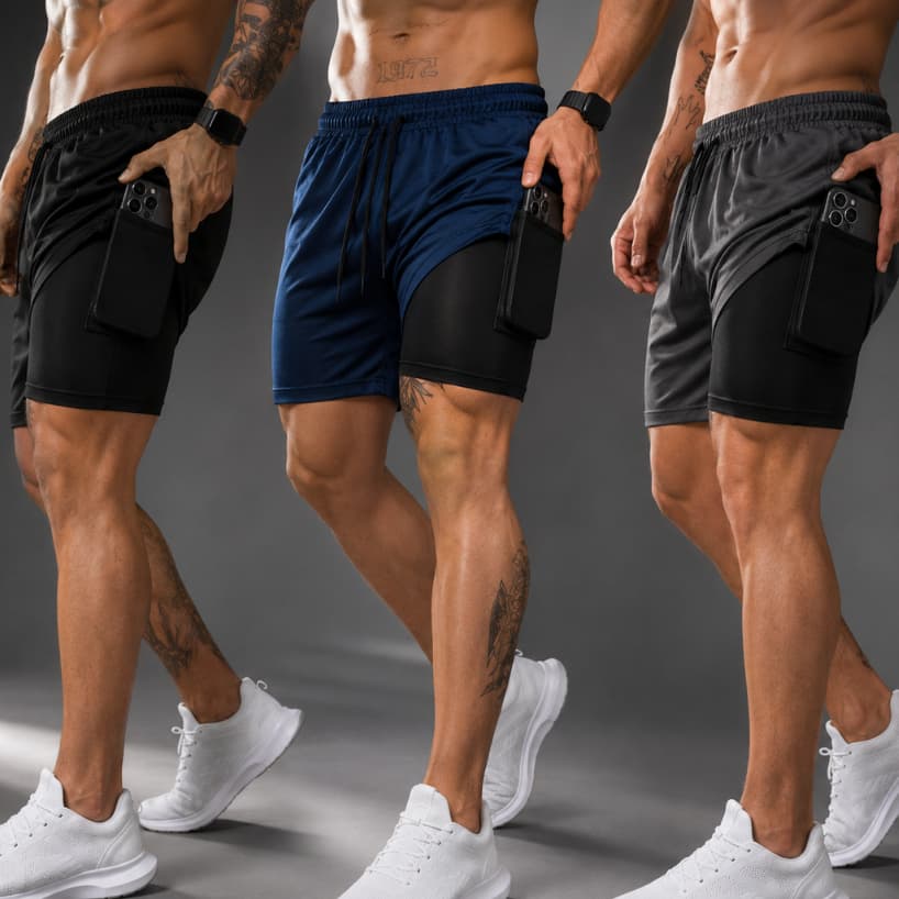 KIT 3 Shorts 2 em 1 P ao G3 Plus Size Bermuda Compressão Masculino Dry Fit Elastano Academia Treino Original
